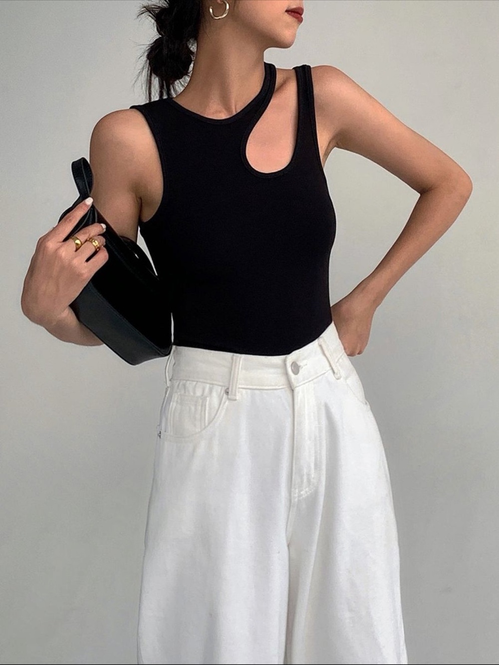 Commense Asymmetric Cutout Black Tank Top